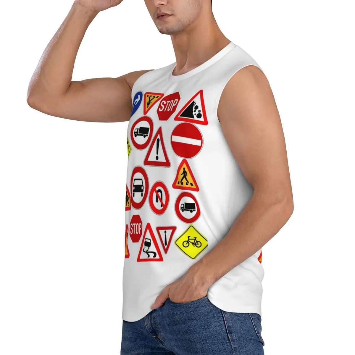 Outdoor Recreational Backbacking Road Sign Men Sleeveless Tank Tops Quick Dry Breathable Gym Fitness Running Summer Sport Vest