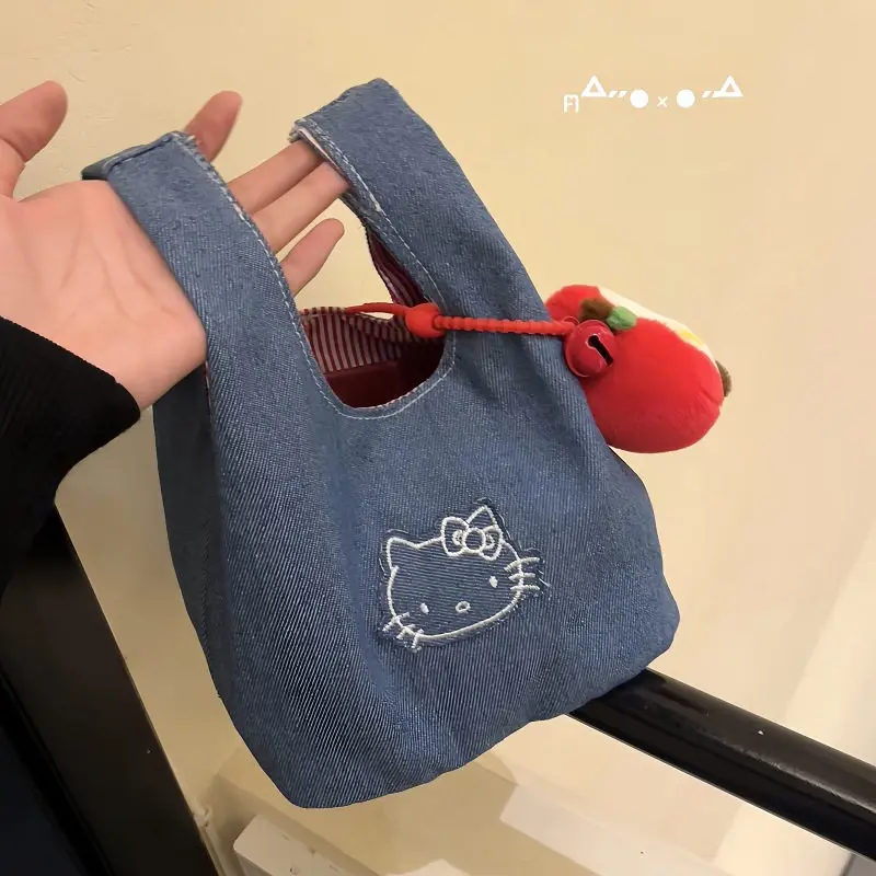 

Sanrio Hello Kitty Cute New Denim Embroidered Tote Bag Color Block Portable Commuter Storage Handbag for Outdoor Use