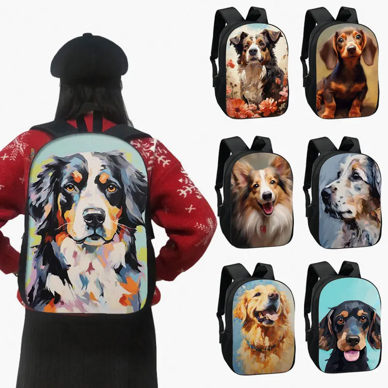 Cute Oil Painting Dogs Pattern Backpack Puppy Labrador Dog School Bag Beagle Rucksack Border Collie Laptop Bag Day Pack Bookbag