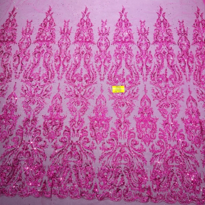 10 Yards Rose Red Hot Sale Fadhion Design Africa Glitter Fabric Embroidery Net Lace With Glued Glitter Sequins Wedding Or Party