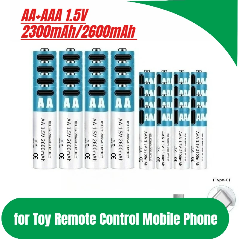 

AA 2600mAh 1.5V Rechargeable Lithium Ion Battery USB Fast Charging for Toy Remote Control Mobile Phone
