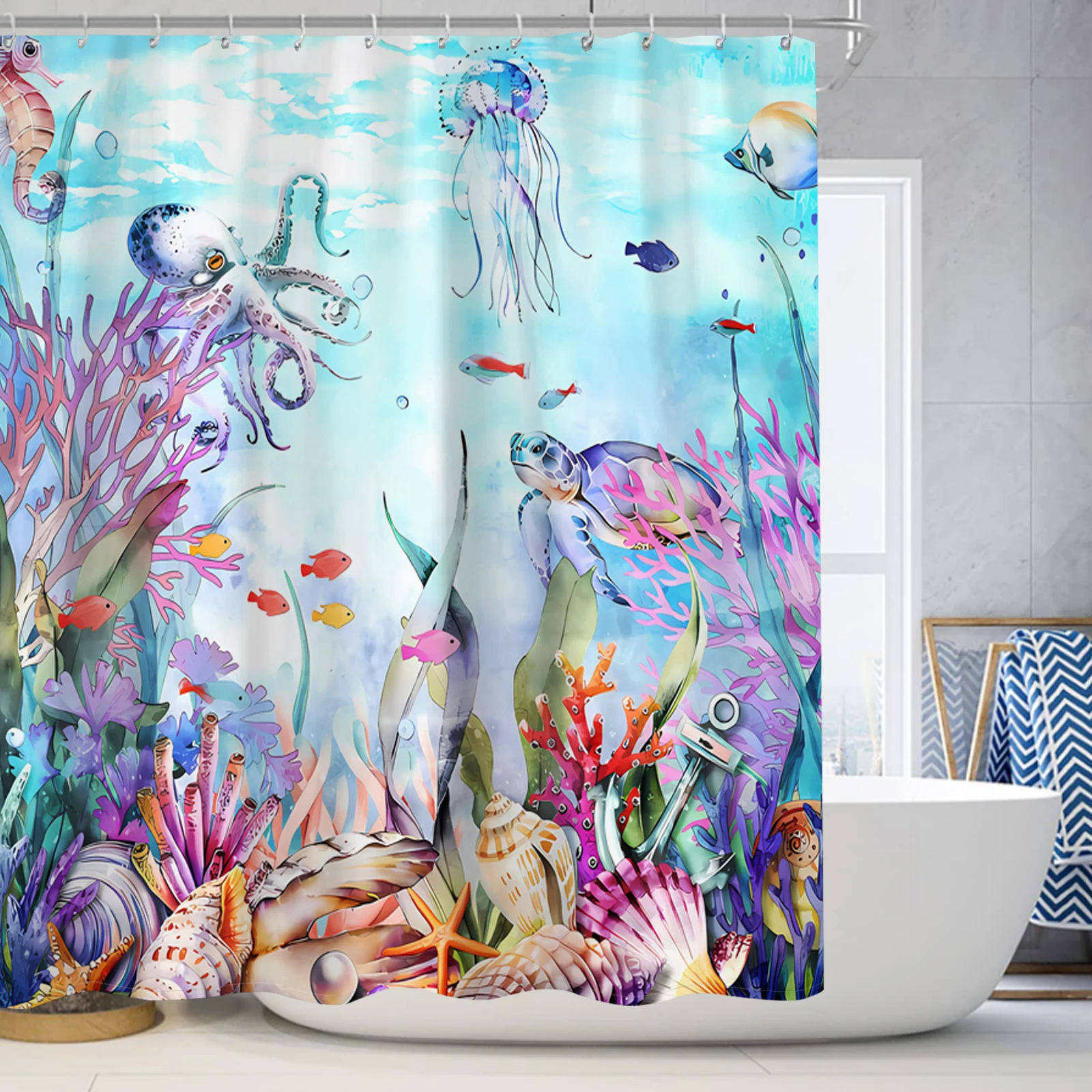 Underwater marine animal print shower curtain modern waterproof polyester home décor bathroom curtain with hooks