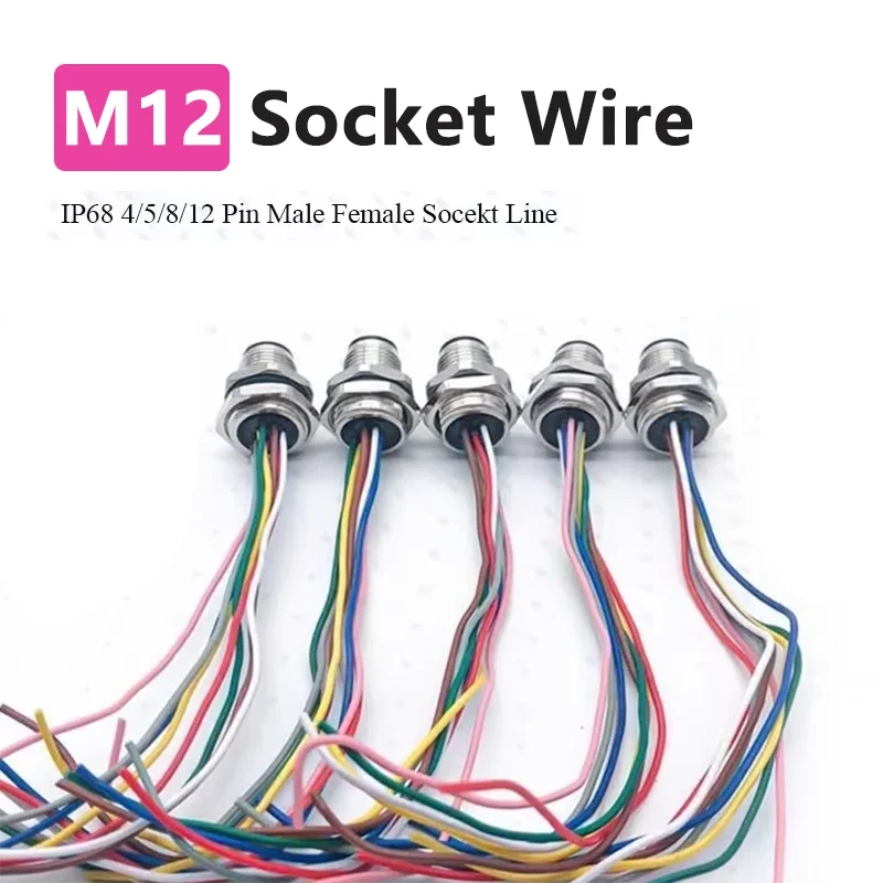 Waterproof M12 Male Female Connector Cable IP68 4 5 8 12 Pin Aviation Socket with 20CM Wire Open 12mm/16mm Panel Mount Sockets