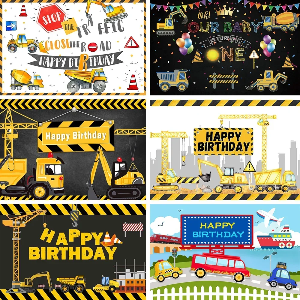 Construction Team Boy Birthday Backdrop Photographic Baby Shower Decor Excavator Car Traffic Background Props for Photo Studio