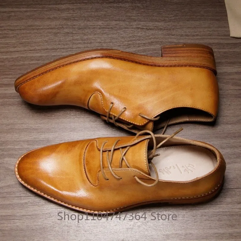 Handmade Formal Leather Shoes Men's Cowhide Business Casual Retro Pointed Toe Party Genuine Leather Work Derby Shoes Male