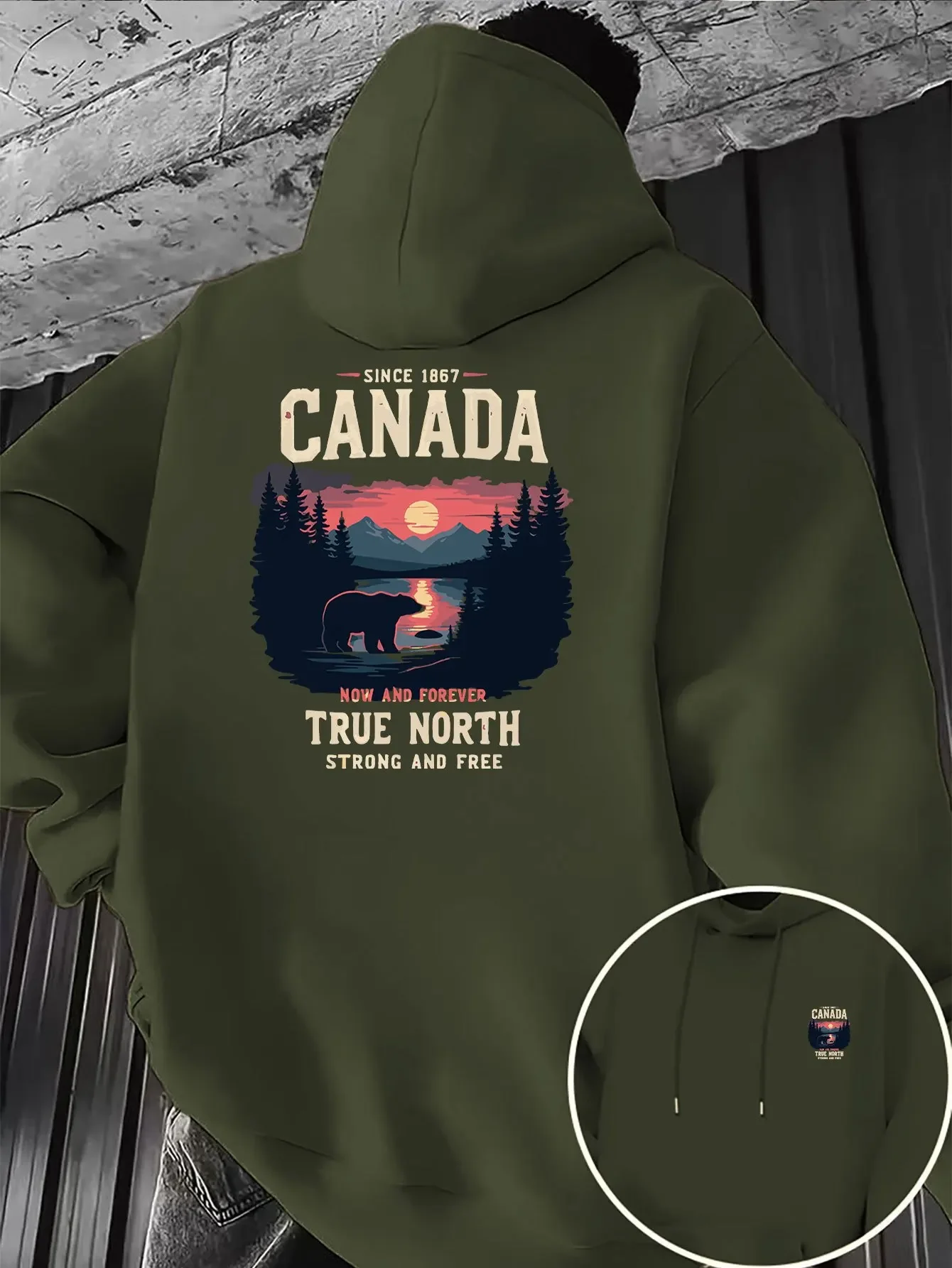 Canada True North Bear Mountain Forest Sunset Graphic Hoodie Men Women Vintage Streetwear Pullover Hooded Sweatshirt Loose Fit