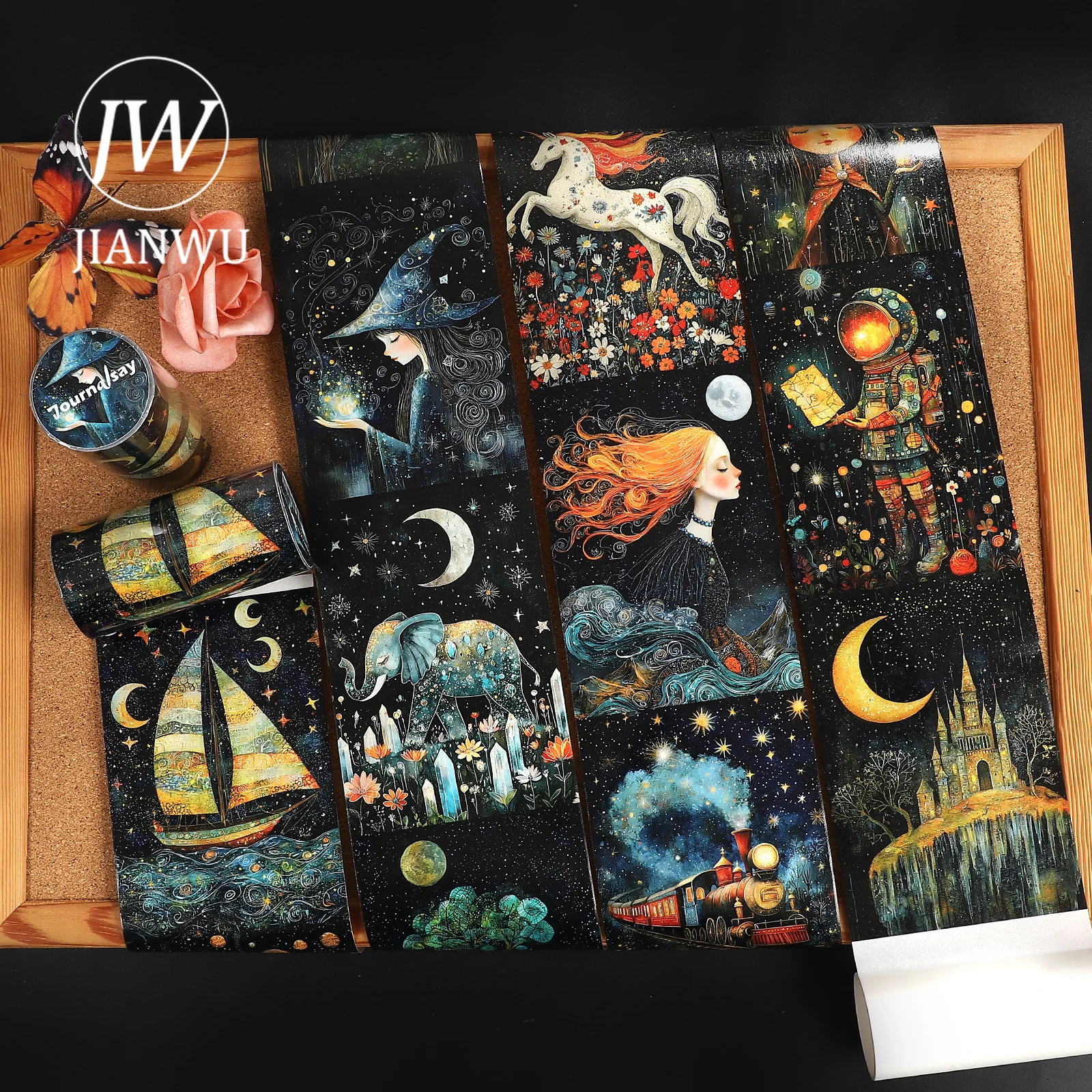 

JIANWU 80mm*200cm Vintage Starry Night Whimsy Fairy Tale Landscape Material Collage Washi Tape Creative DIY Journal Stationery