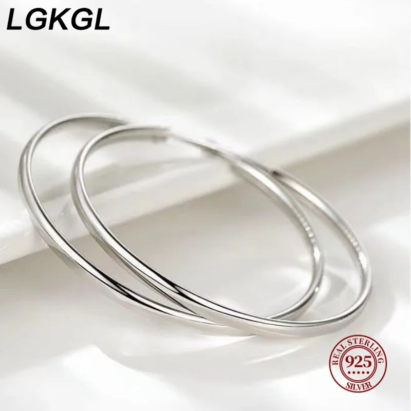 LGKGL  Women 100% 925 sterling silver Hoop Earring Round Circle Loop Gifts Box Packing Simple Silver Hoop Earrings Piercing