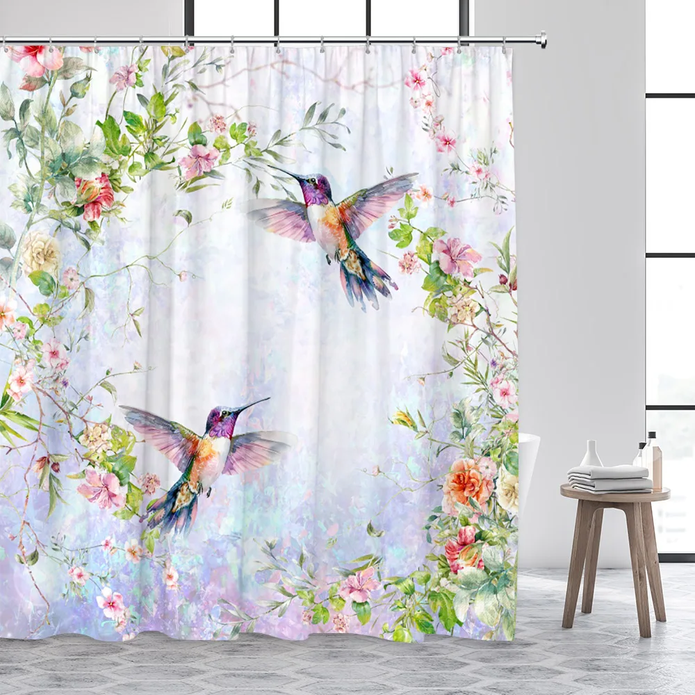 Floral Shower Curtains Purple Lavender Wisteria Cute Elf Butterfly Hummingbird Watercolour Flower Plant Bathroom Curtain Decor