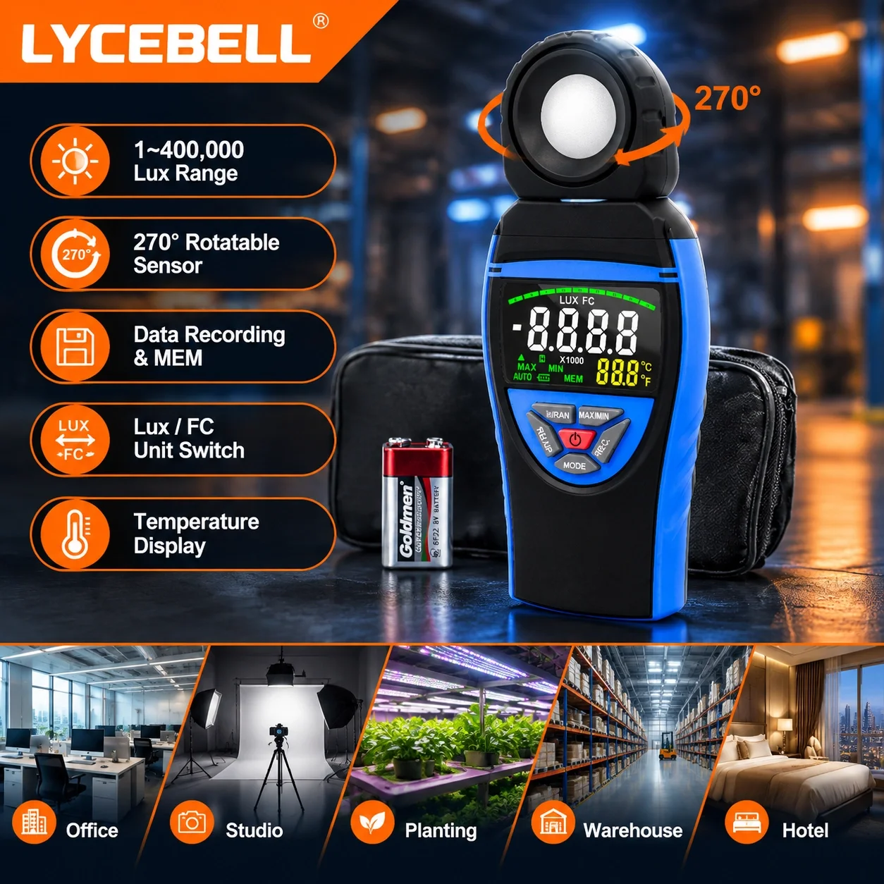 HoldPeak 8801A Digital Lux Meter 1-400,000Lux 0.1Lux/Fc ±4% Accuracy 270° Rotatable Probe REC MAX/MIN Temp Backlight
