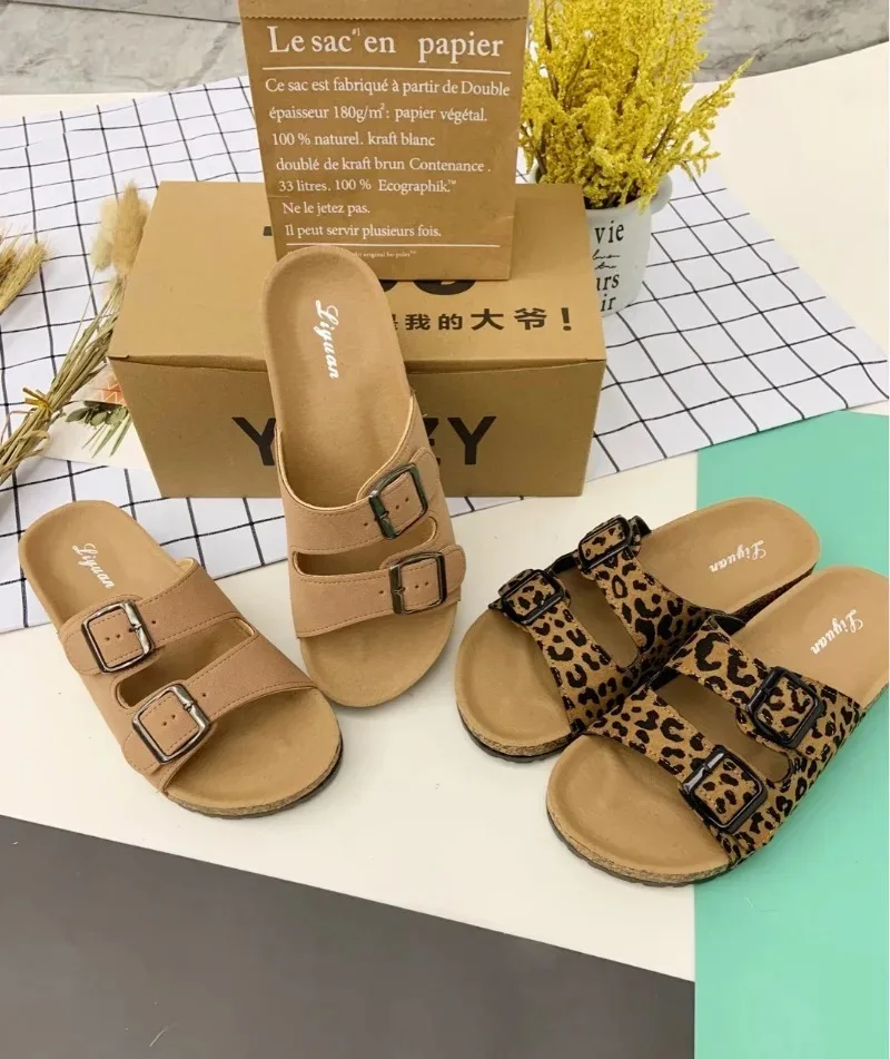 Women's Sandals Slippers Leisure Beach Double Button Cork Slippers Factory Stock Flats Plus Size 42 Outdoor Sandal