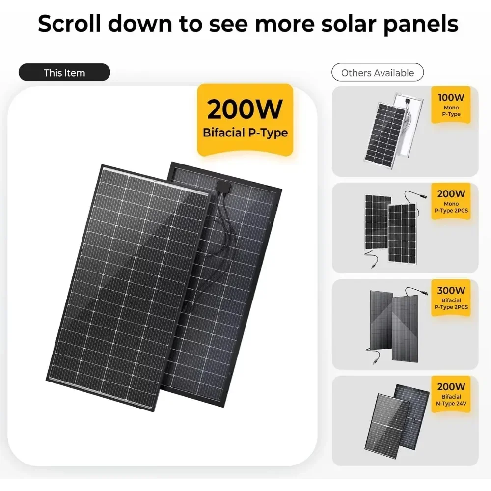 200/300/400 Watts Bifacial Solar Panel 10BB Cell 23% High Conversion Rate Work 12 Volts Charger for RV Camping Home Boat 1PCS