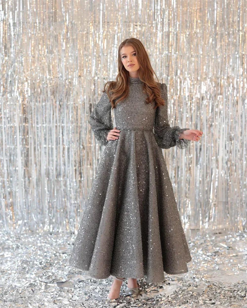 Customized Farrobe Elegant Shiny Sequins Glitter Fabric Prom Dress Long Puffy Sleeves A-Line Vestidos De Fiesta فستان حفلات ال