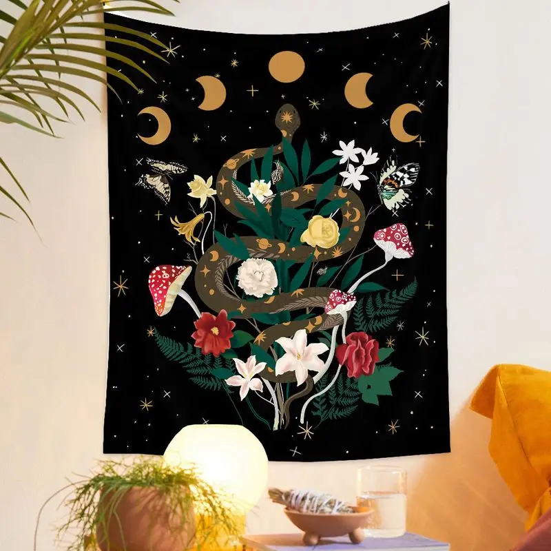 VIKAMA Mystic Snake Tapestry Dark Botanical Flower Moon Phase Mushroom Wall Hanging Witchy Goth Wall Art Dorm Bedroom Decor
