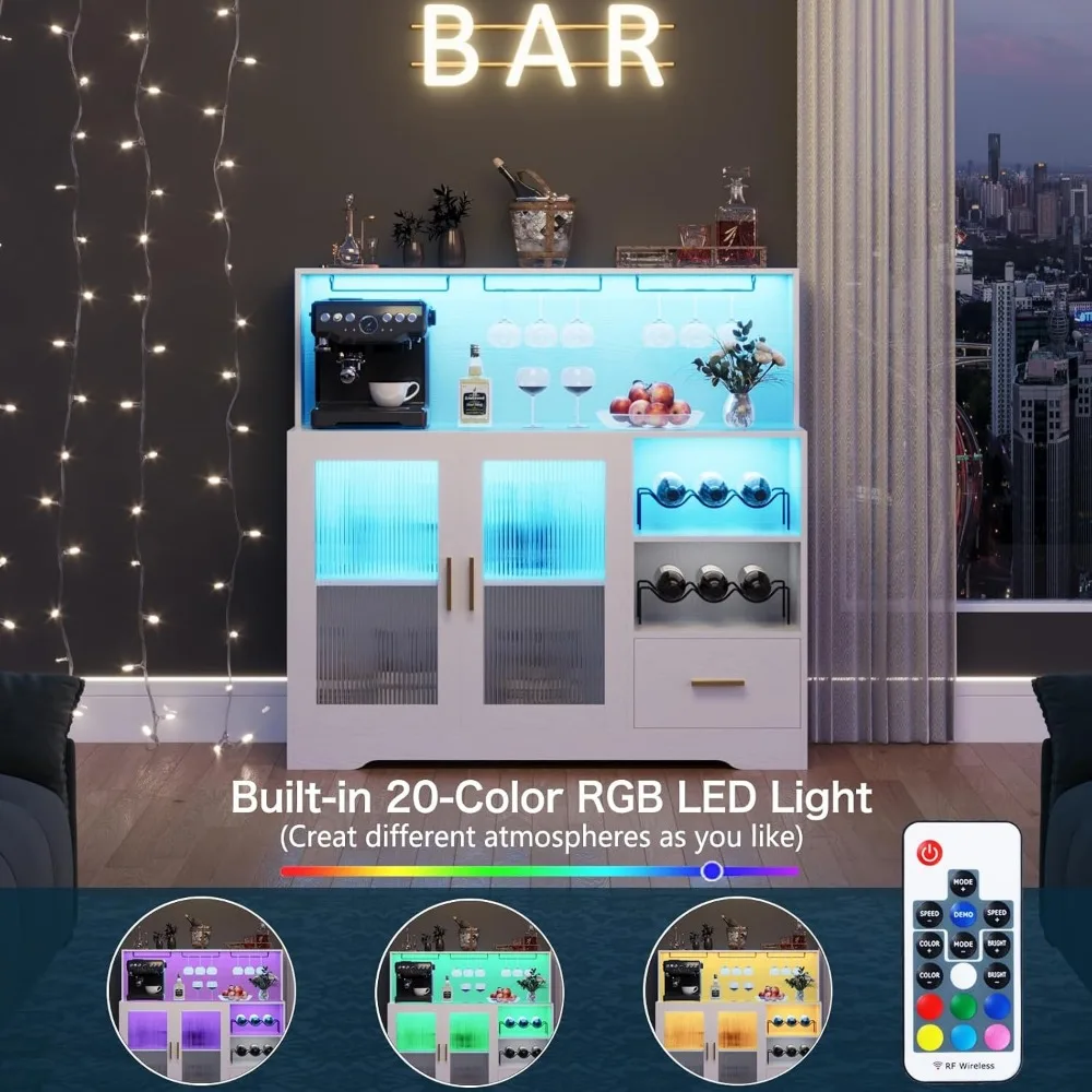 Wine Bar Cabinet w/ LED Light - Modern Kitchen Coffee Bar w/ Wine & Glass Rack"
