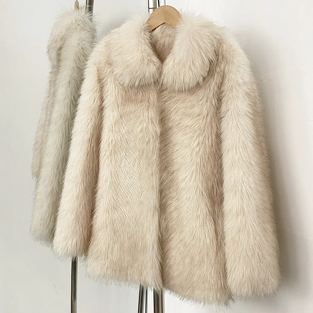 Abrigo de piel sintética para mujer, chaqueta de piel informal para chica, ropa femenina ecológica con cuello vuelto para otoño e invierno