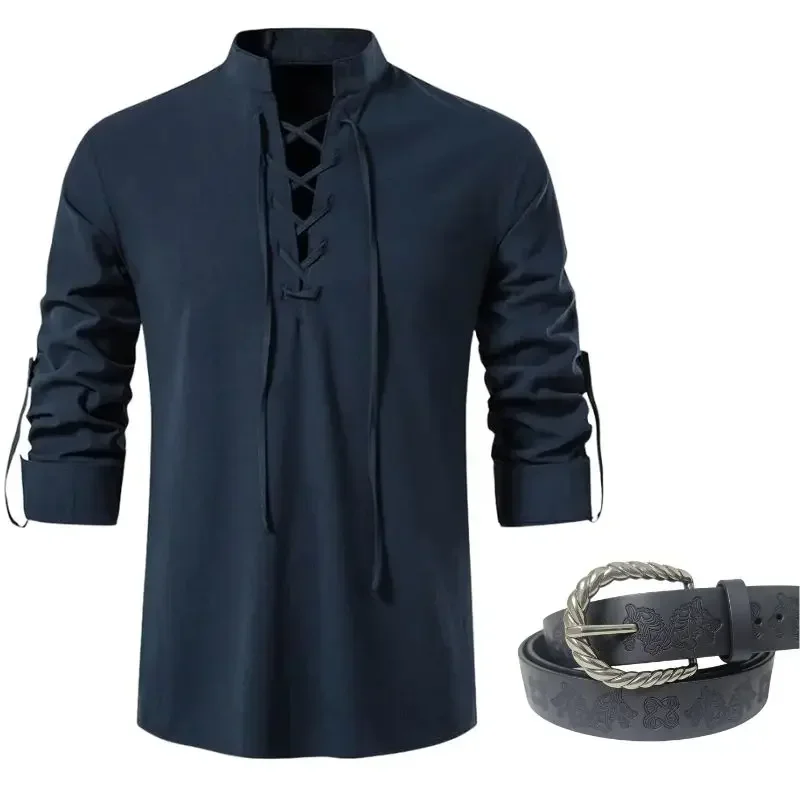 Men Lace Up Linen Long Sleeve Shirt Stand Collar Casual Loose Tops Medieval Pirate Renaissance Halloween Cosplay