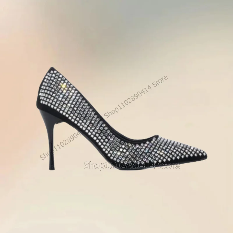 

Silver Rhinestone Decor Pointed Toe Shallow Pumps Slip On Women Shoes Thin High Heels Fashion Banquet 2023 Zapatos Para Mujere