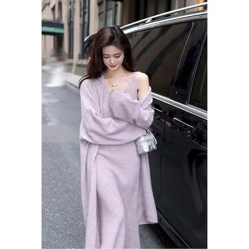 Korean Fashion Long Knitted Cardigan+V-neck Knitted Vest Skirts Sets Women 2023Autumn Knitted Skirt 2 Piece Sets Womens Outifits