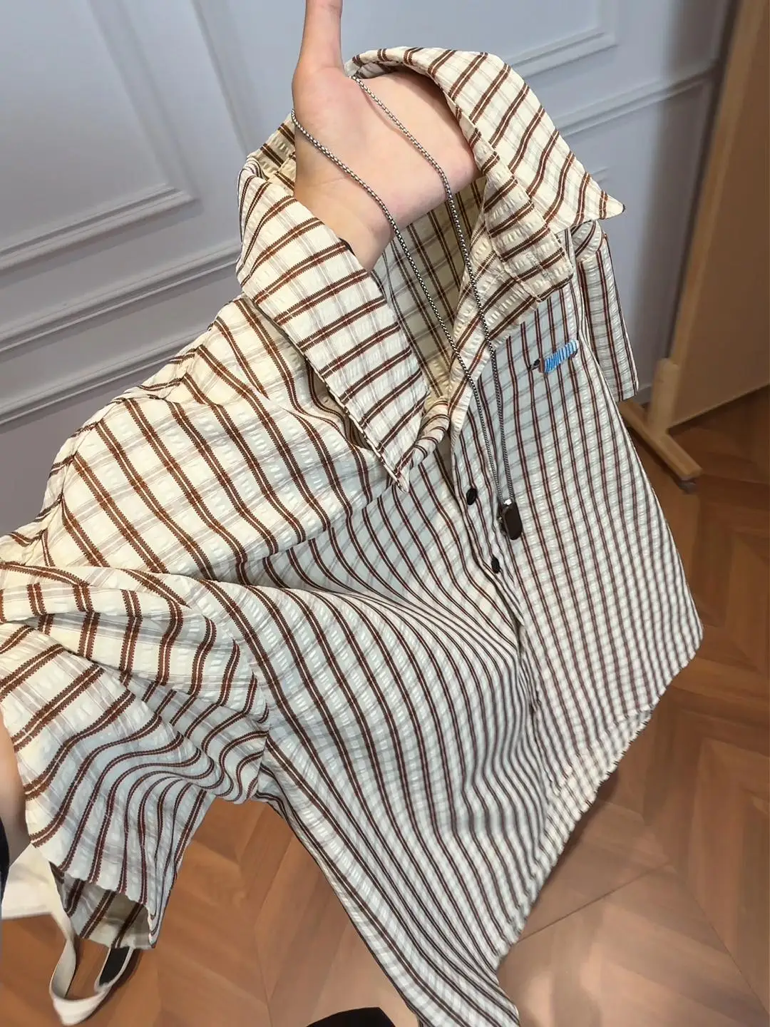 Lightweight Men's Plaid Embroidered Bubble Shirt Short Sleeve Summer Outerwear Couple's Five-Quarter Sleeve Shirt CleanFit