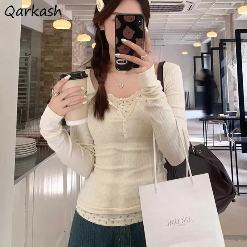 Pullovers Women Fake 2pcs Sweater Lace Patchwork Floral Sweet Spicy Tops Slim Fit Long Sleeve Inner Trendy Fashion All-match Ins