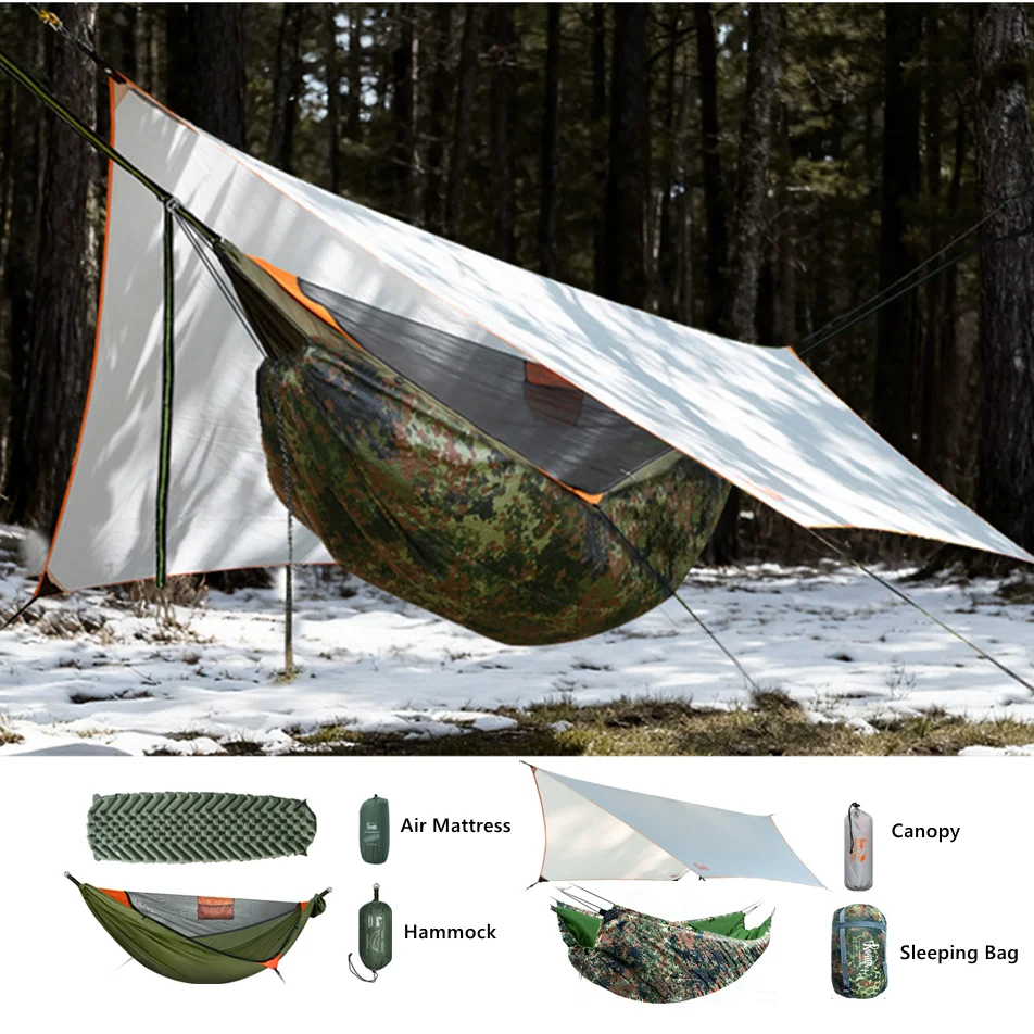 TRAVELER Quick Setup Hammock System, Includes Mosquito Net, Rainfly, Air Pad & Quilt for All-Weather Camping with Stability