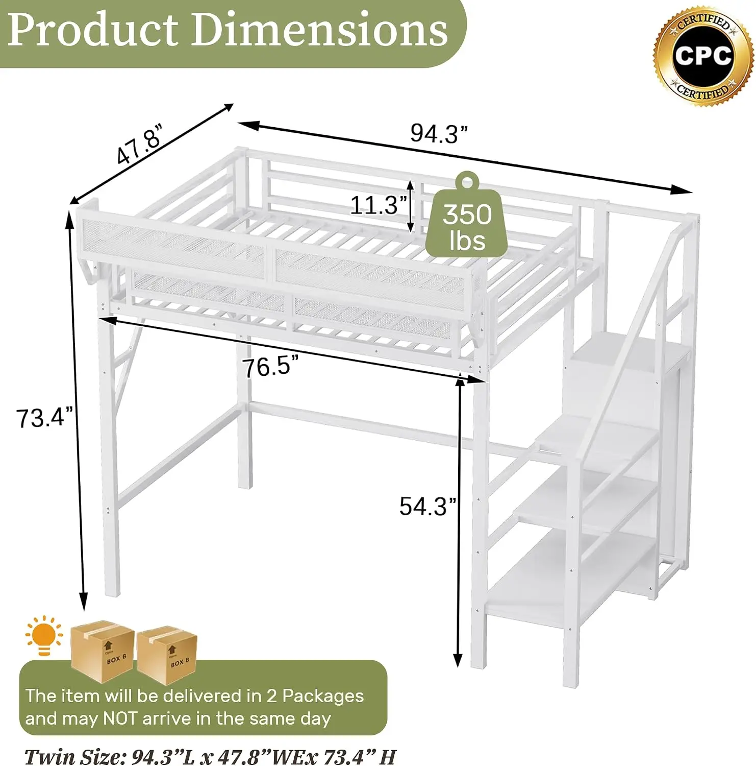 Mirightone Twin Size Loft Bed with Stairs and Storage, Metal Loft Bed Frame with A Shelf and Large Under-Bed Space, Heavy-Duty L