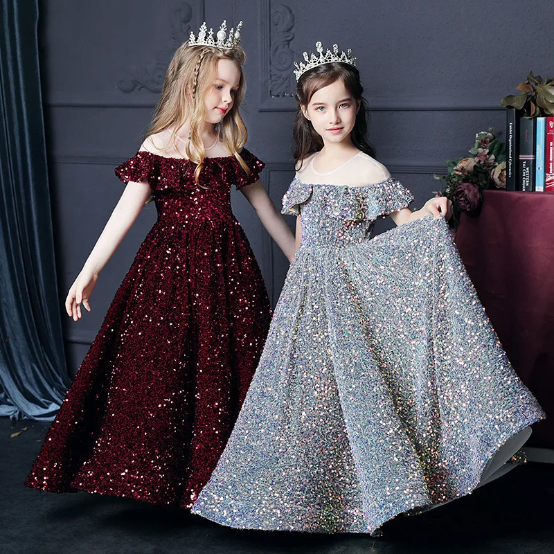 Girls' Stylish Princess Dress Sequin Children's Birthday Host Evening Gown Girls' Bold Catwalk Piano Performance Dress