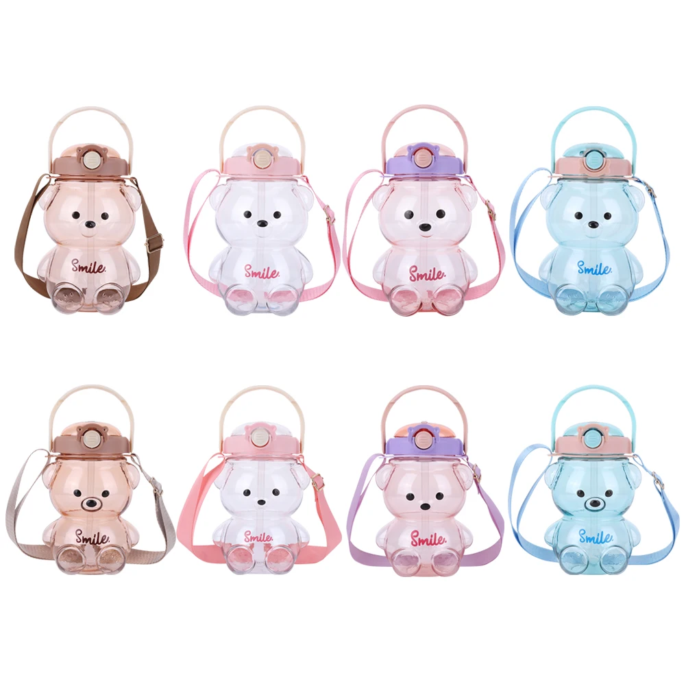 1000/1400ml Kawaii Bear Cup with Shoulder Strap Cute Bear Drinking Bottle Leak-Proof Straw Sports Water Jug for Outdoor Sports