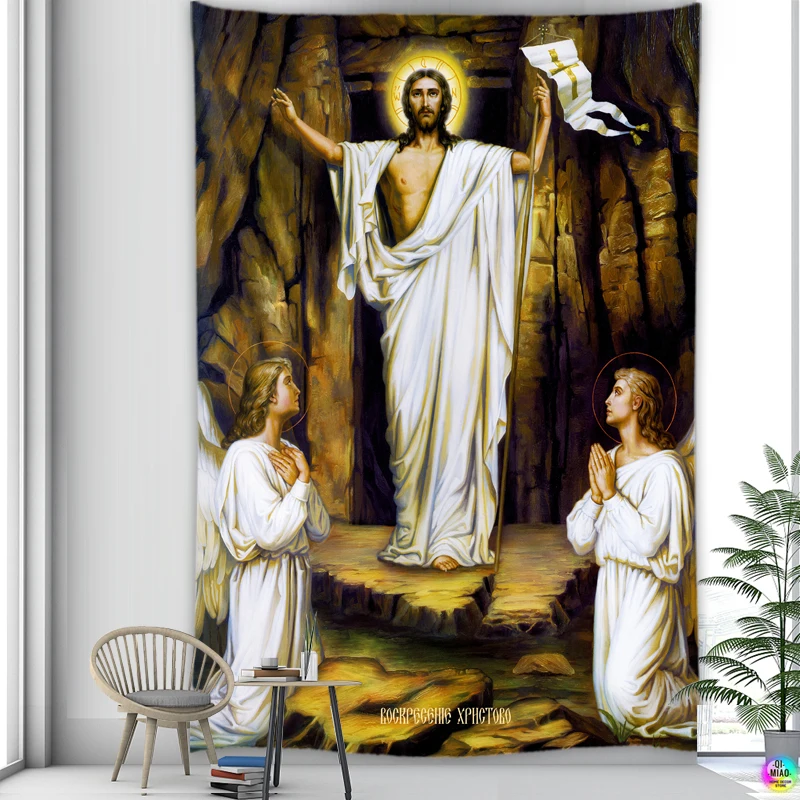 Christ Resurrection Wall Tapestry Jesus Medieval Wall Decor Hanging Vintage Lace Easter Tapestries Home Decor Room Decoration