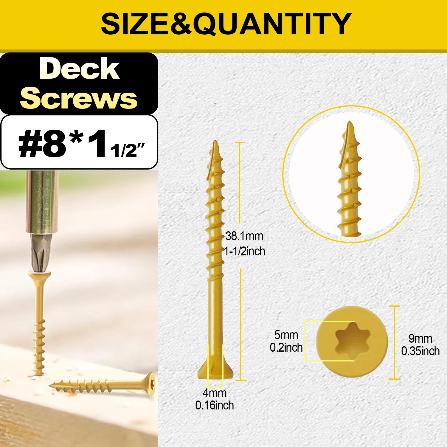 VKKM 8*1-1/2" Yellow Wood Screws Torx Head Carbon Steel - Free T25 Bit (100/300/450PCS Pack)