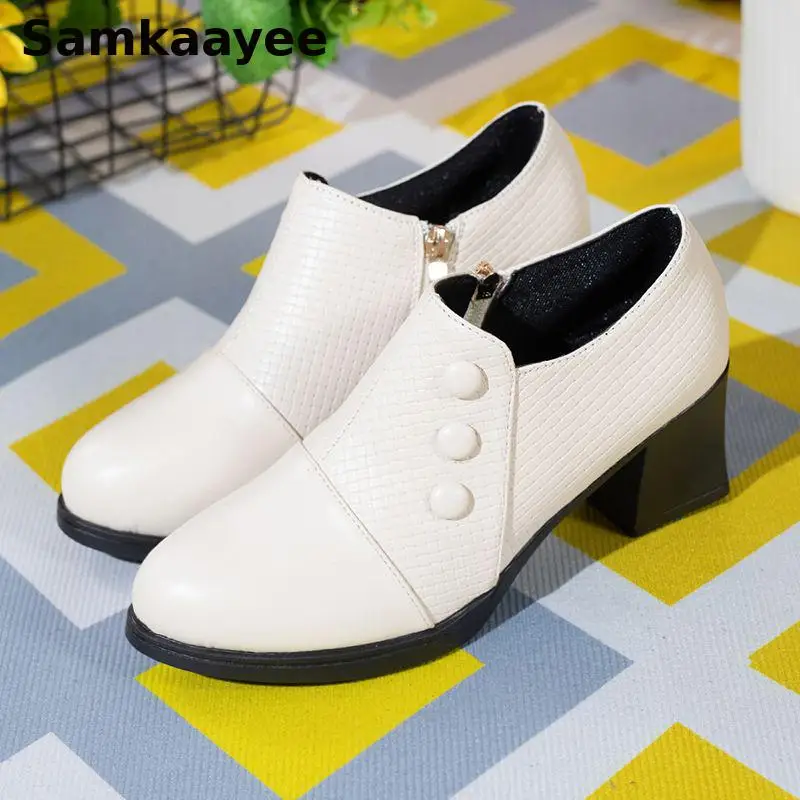 

35-41 Women High Heels Shoes Spring Autumn Leather Shoe Ladies Pumps Round Toe Zipper Soft-soled Solid Color Platform Zapatos Y3