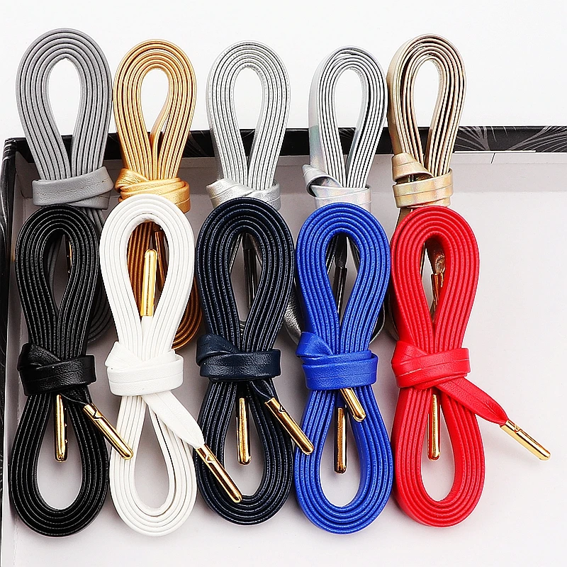 Flat Leather PU Shoelaces Waterproof Metal Head Shoe Laces Gold Silver Laser Reflective Shoelace for AF1 Sports Basketball Shoes