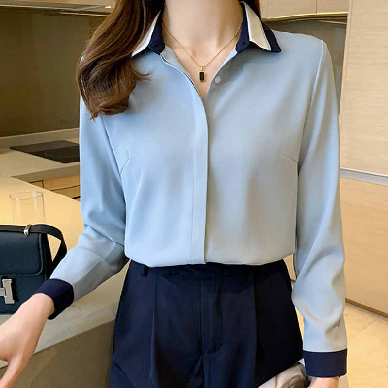 

2025 Fashion Long Sleeve Turn Down Collar Women Shirt Solid Elegant Chiffon Shirt Blouse Women Tops Camisas De Mujer Blusas N644