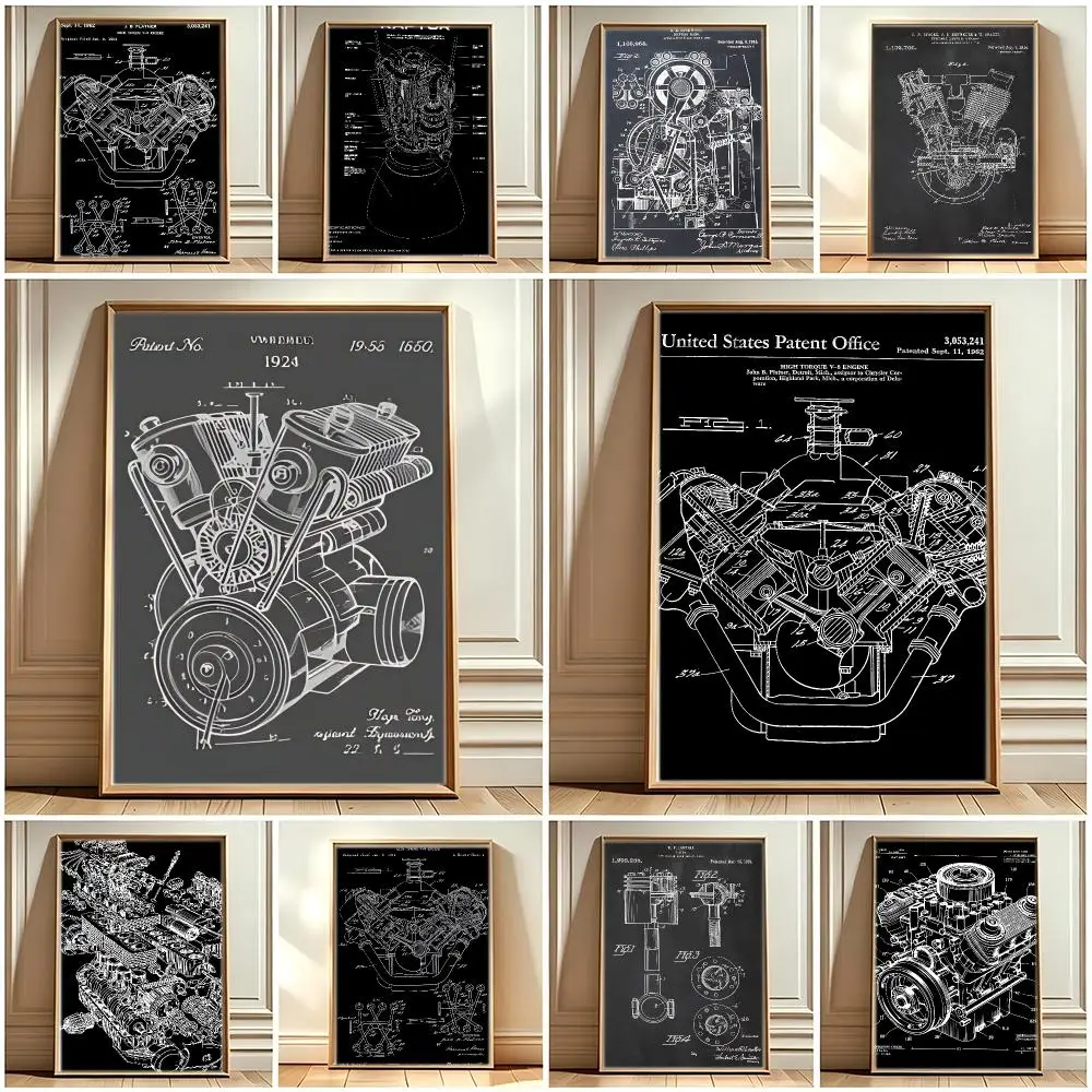 Engine Motor Car Retro Mechanical Art Poster Print Painting Home Decor for Bedroom Living Room Hallway