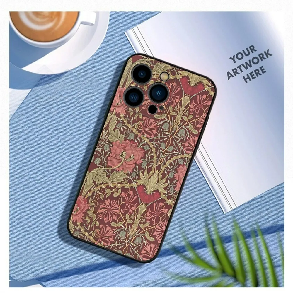 William Morris Strawberry Thief Design Phone Case For iPhone 16,15,14,13,12 Mini 11 Pro XR,XS,MAX Plus Silicone Cover Soft Black