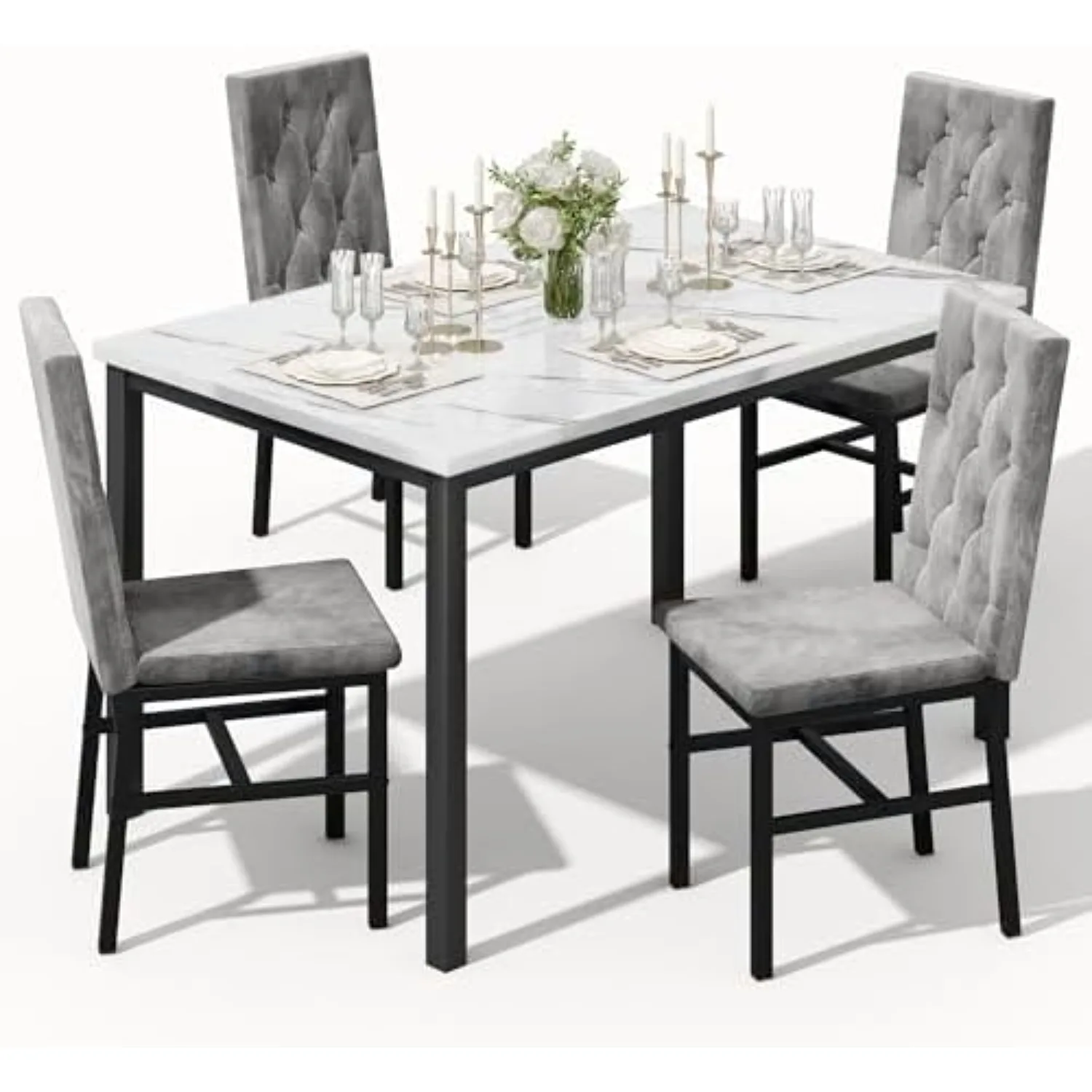 Dining Table Set for 4, Faux Marble Small Kitchen Table Chairs Set of 4 with Luxurious Button Tufted Dinner Chairs for
