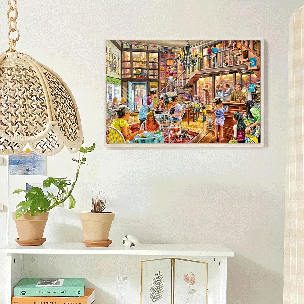 Puzzle per caffè libreria da 1000 pezzi: illustrazione vibrante della libreria accogliente con clienti, scaffali e scale, ideale per adulti e