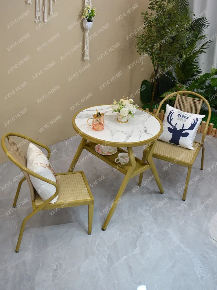 

Balcony Tea Table Combination Small Apartment Household Minimalist Rattan Chair Three-Piece Set a Table with Two Chairs