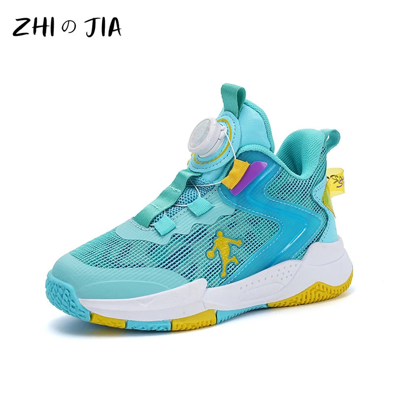 Children's Popular Mesh Basketball Shoes Youth Fashion Trend Sneaker Outdoor Anti slip Rotating Buckle Shoes 31-40