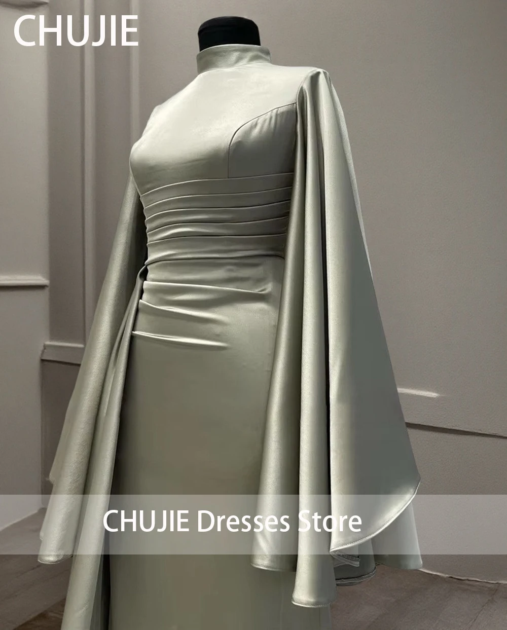 Helle olivfarbene Abendkleider mit Rüschenärmeln für Damen, Seidensatin, seitliche Schleppe, Hochzeitskleid, Partykleider, individuelle Arabien