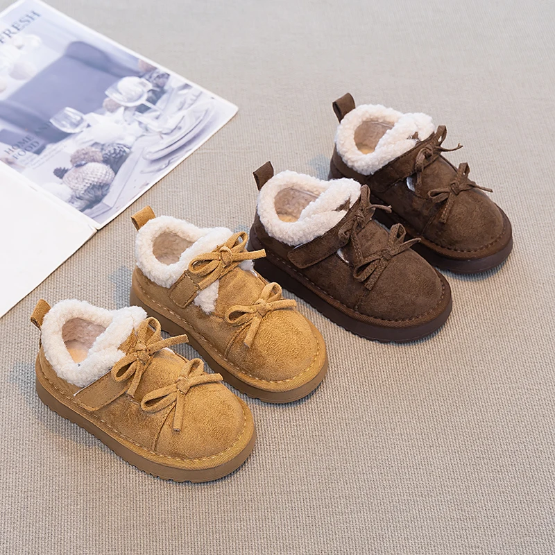 

Little Girls Soft Fluffy Collar Leather Boots with Cute Bow 2025 New Winter Kids Warm-lined Boots Non-slip Comfort School Boots