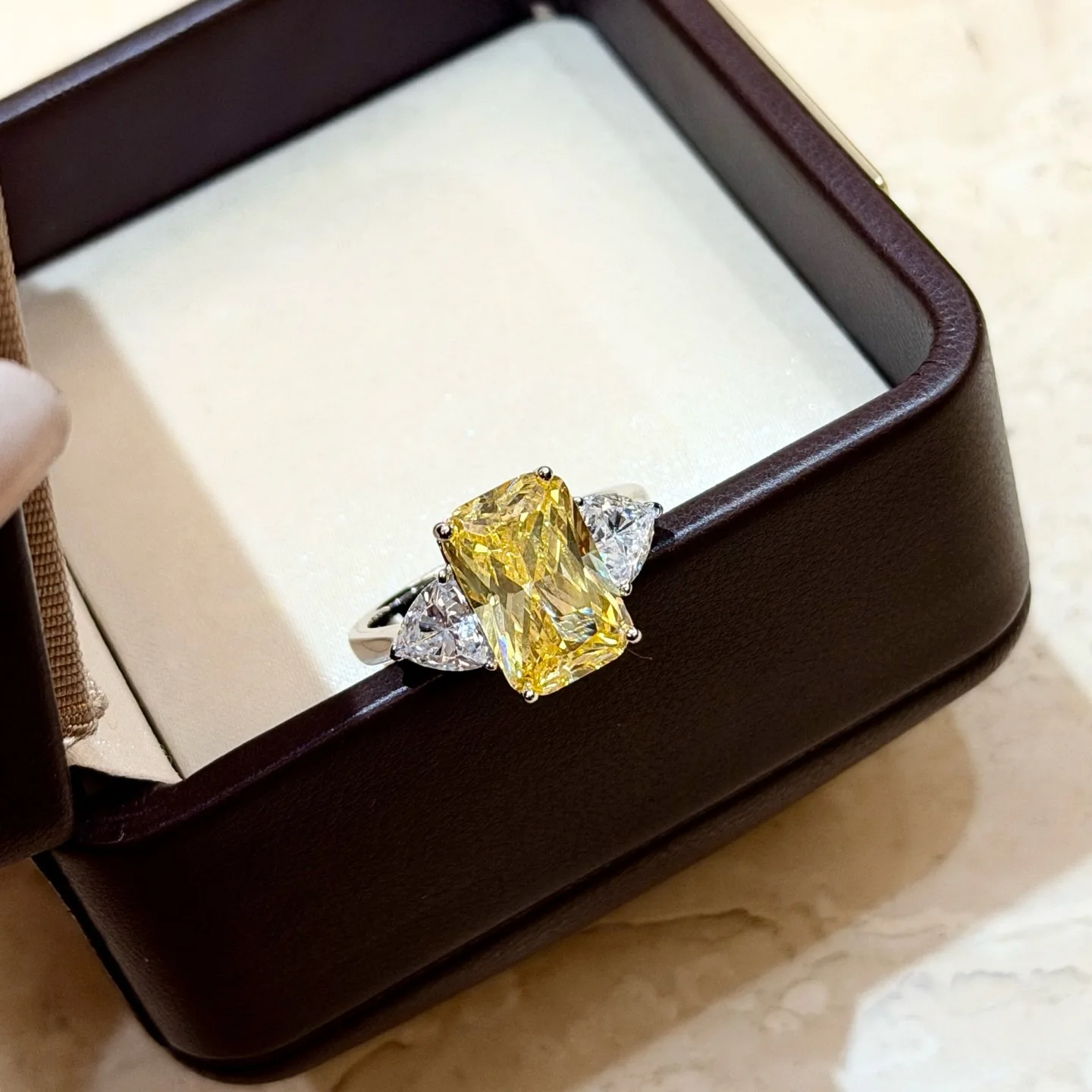 Trendy Real 925 Sterling Silver Cocktail Ring For Women Yellow Radiant Cut Three Stone Rhodium Plated Luxury Fine Jewelry