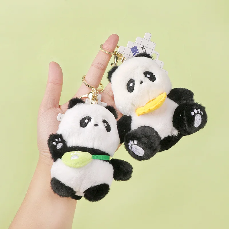 Kawaii Fluffy Panda Plush Keyring Cartoon Black White Panda Doll With Fruit Accessory Stuffed Bag Hanging Ornament Gift