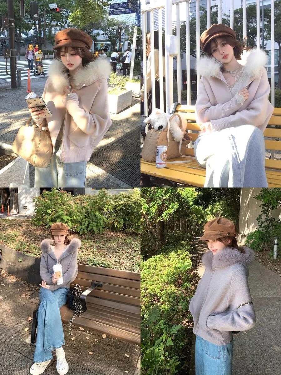 الأمريكية الرجعية مقنعين محبوك معطف طويل الأكمام المرأة ثقافة فرعية معطف خمر سستة فو الفراء سترة الخريف النساء Cloghing 2025