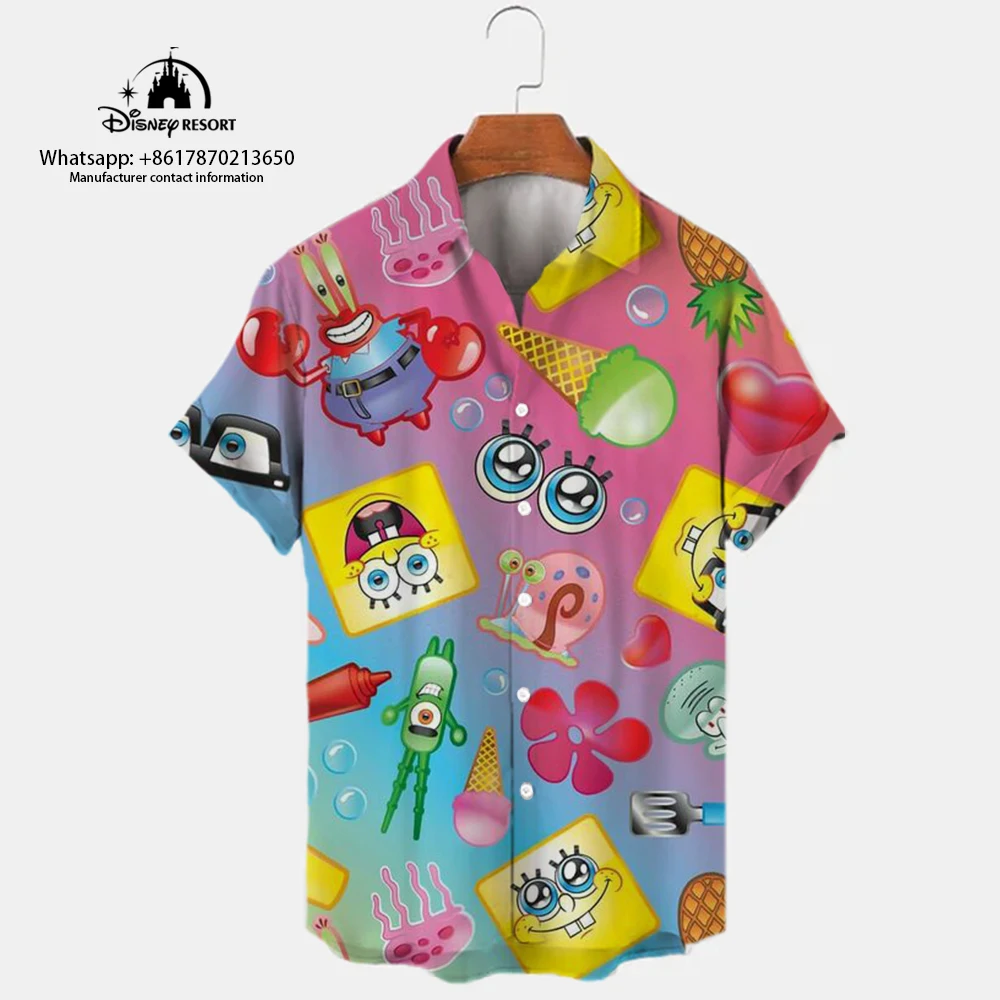 Summer new fashion Harajuku street SpongeBob cartoon print trend all-match men\'s lapel short-sleeved shirt tops Y2K