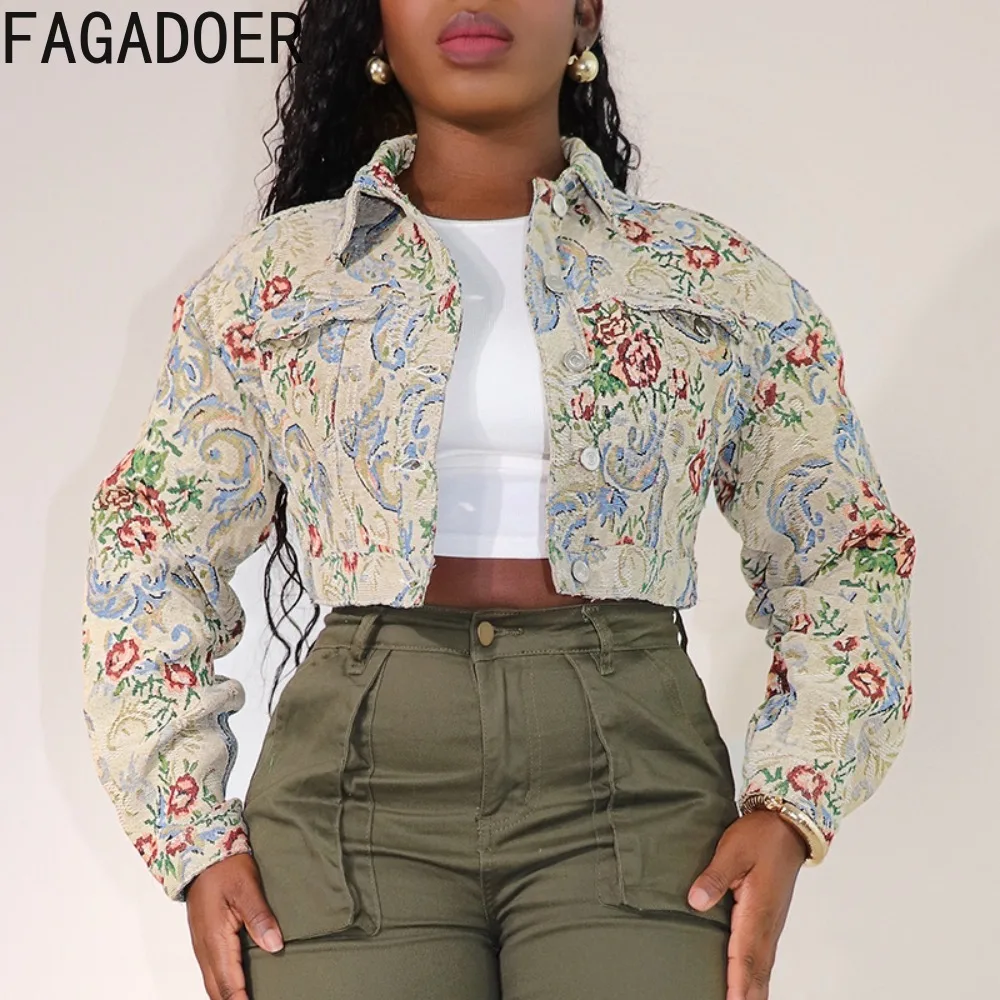 FAGADOER-Vestes Jacquard Vintage pour Femmes, Streetwear Y2K, lèvent Imprimé Floral, Manches sulf, Crop Jackets, Hot Girl Clothing, Fashion