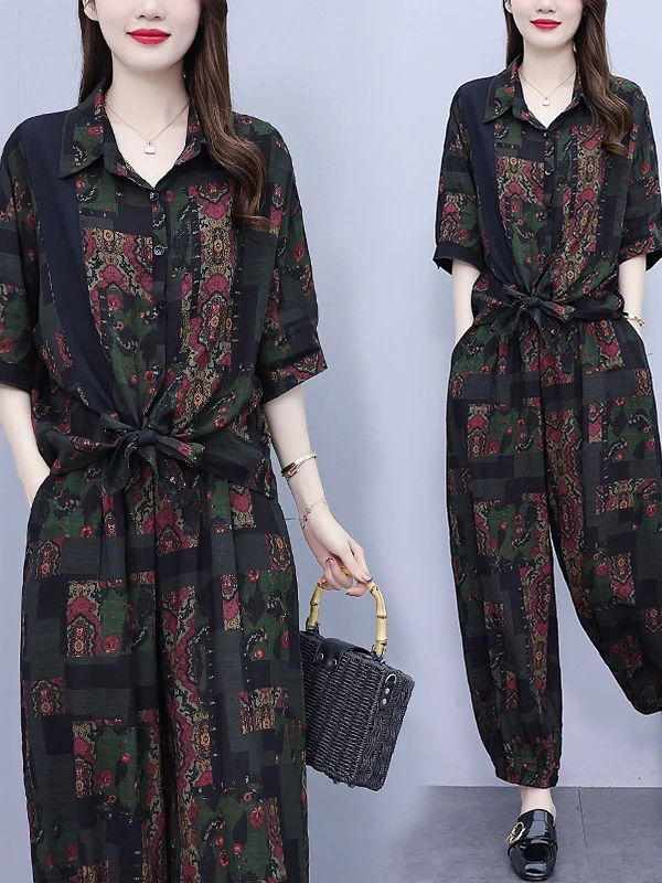 

Женские модные брюки больших размеров с цветочным принтом, комплект из двух предметов, повседневное летнее новое поступление, Ele