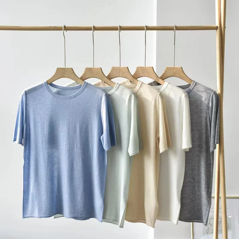 2022年夏新作ファッション-ルーズラウンドネック無地トップスtシャツ-レディース-シルクカシミヤ-薄手tシャツ