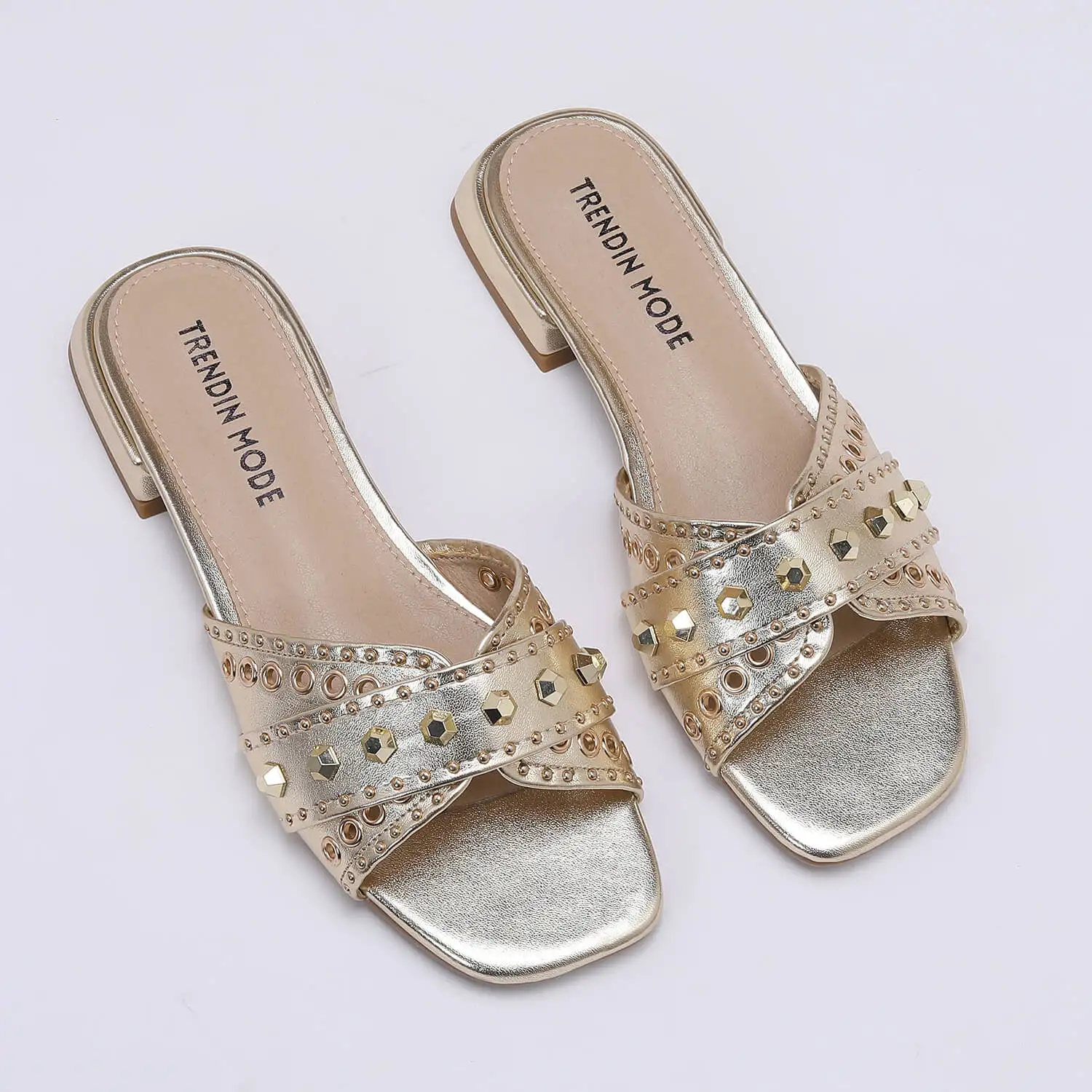 Women's Studded Cross Slide Sandals, Low Heel Square Toe Slip On Shoes, Metallic Flat Sandals for Casual Streetwear